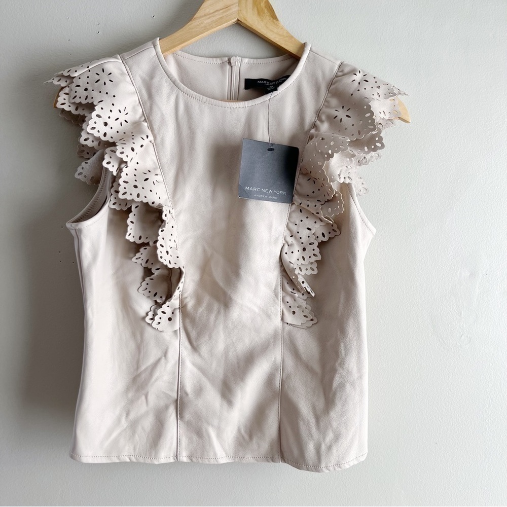 NWT Marc New‎ York Ruffle Trim Faux Leather Sleeveless Top in Latte Beige, Sz XS